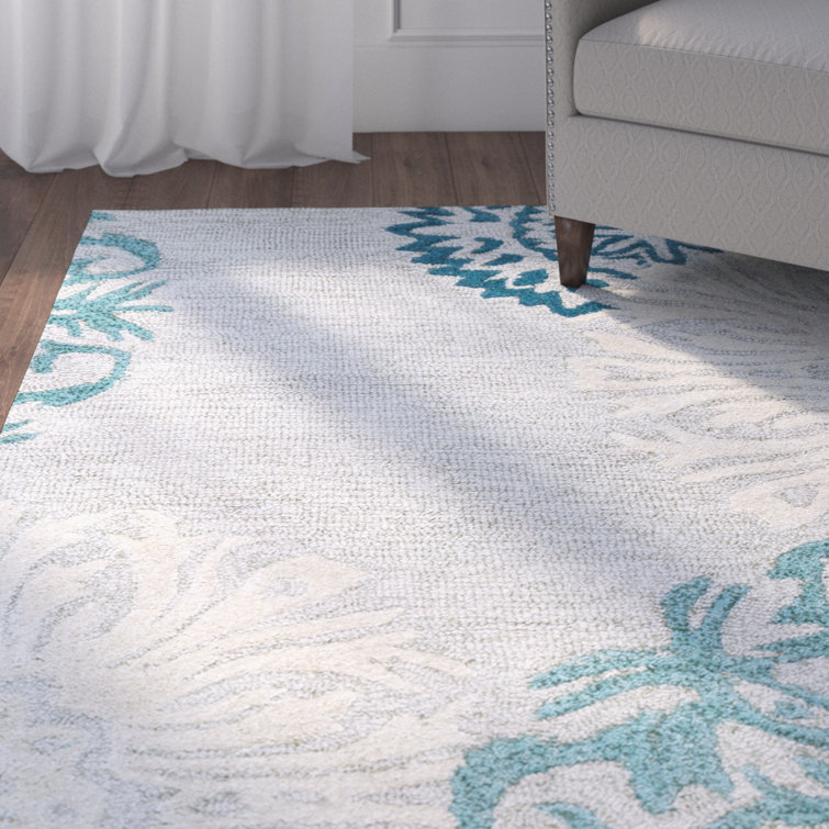 Charlton Home® Brian Floral Handmade Tufted Wool Blue/Tan Area Rug